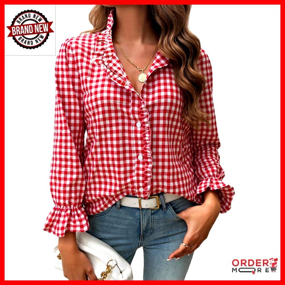 Long Sleeve Plaid Blouse with Ruffle Neck and Button Down Front